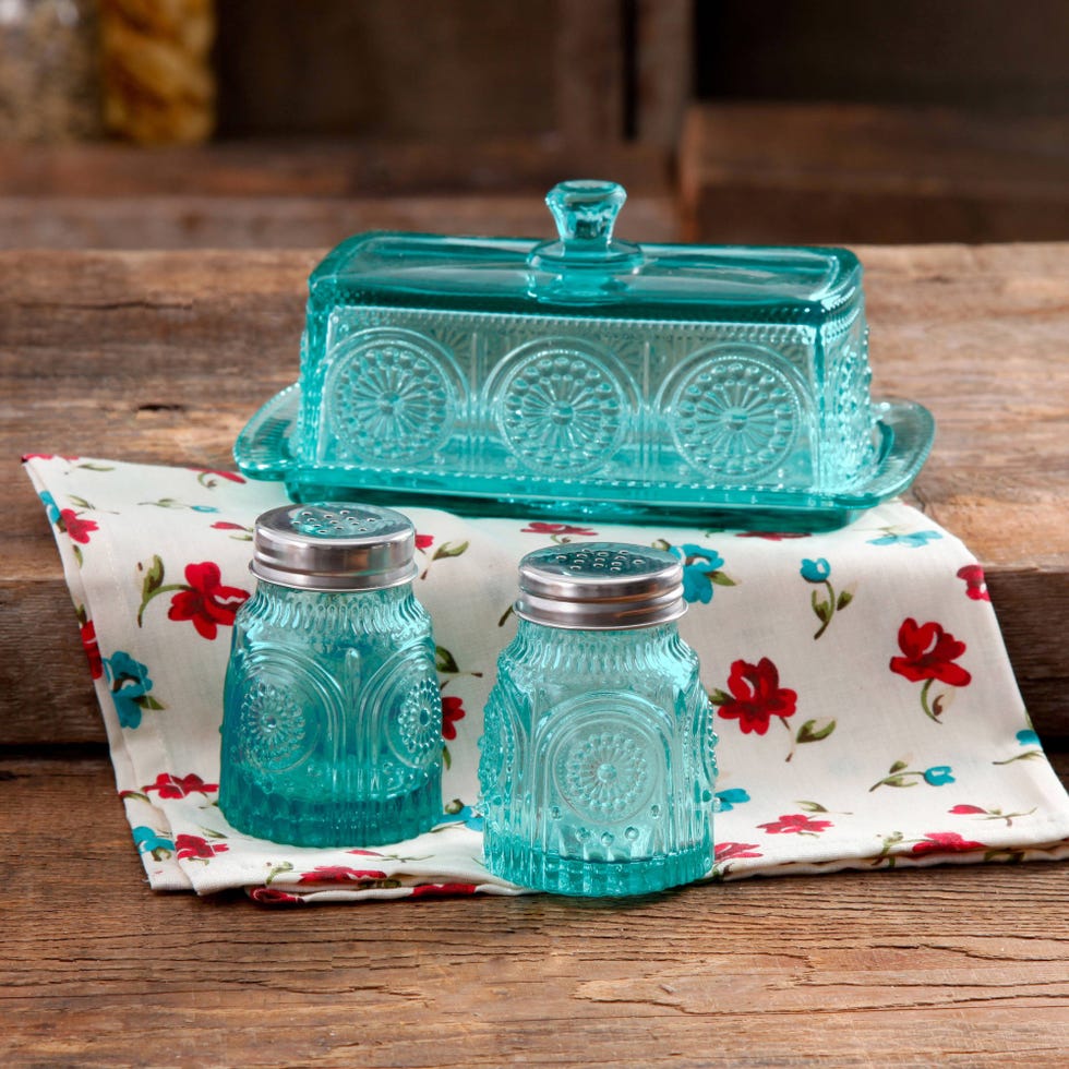 The Pioneer Woman Adeline Glass Butter Dish with Salt and Pepper Shaker Set