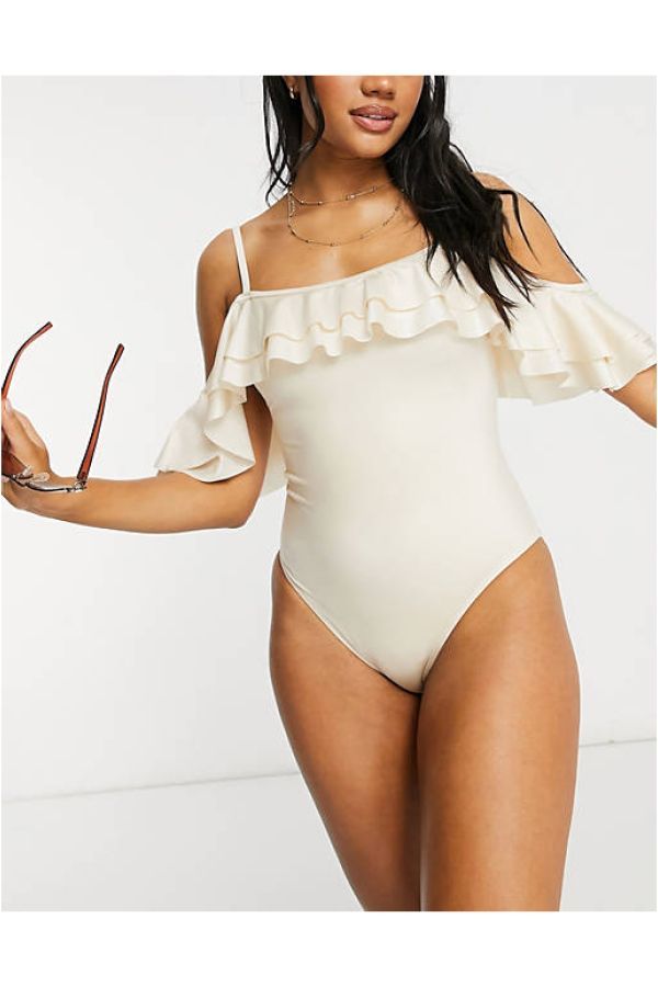 Malbaba Ruffles Overlay Off The Shoulder Swimwear Padded Bra Swimwear Two Pieces Bikini Set
