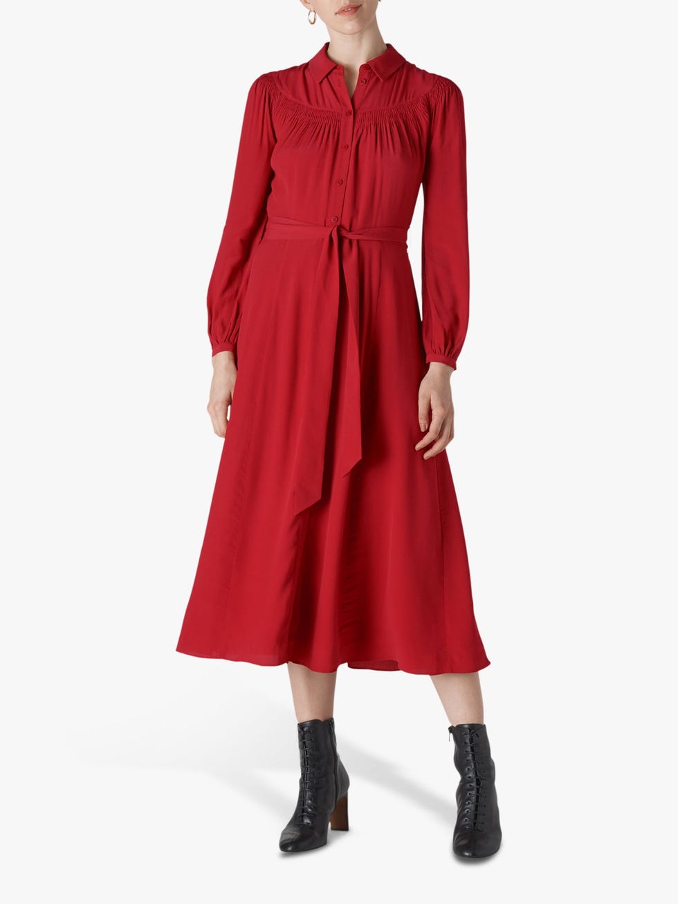 Whistles Smocked Yoke Shirt Dress, Red