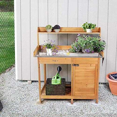 Shelf Hook Wooden Planting Table for Outside with Storage Outdoor Gardening Work Bench with Sink & Lid Aivituvin Potting Bench with PVC Layer Drawer 