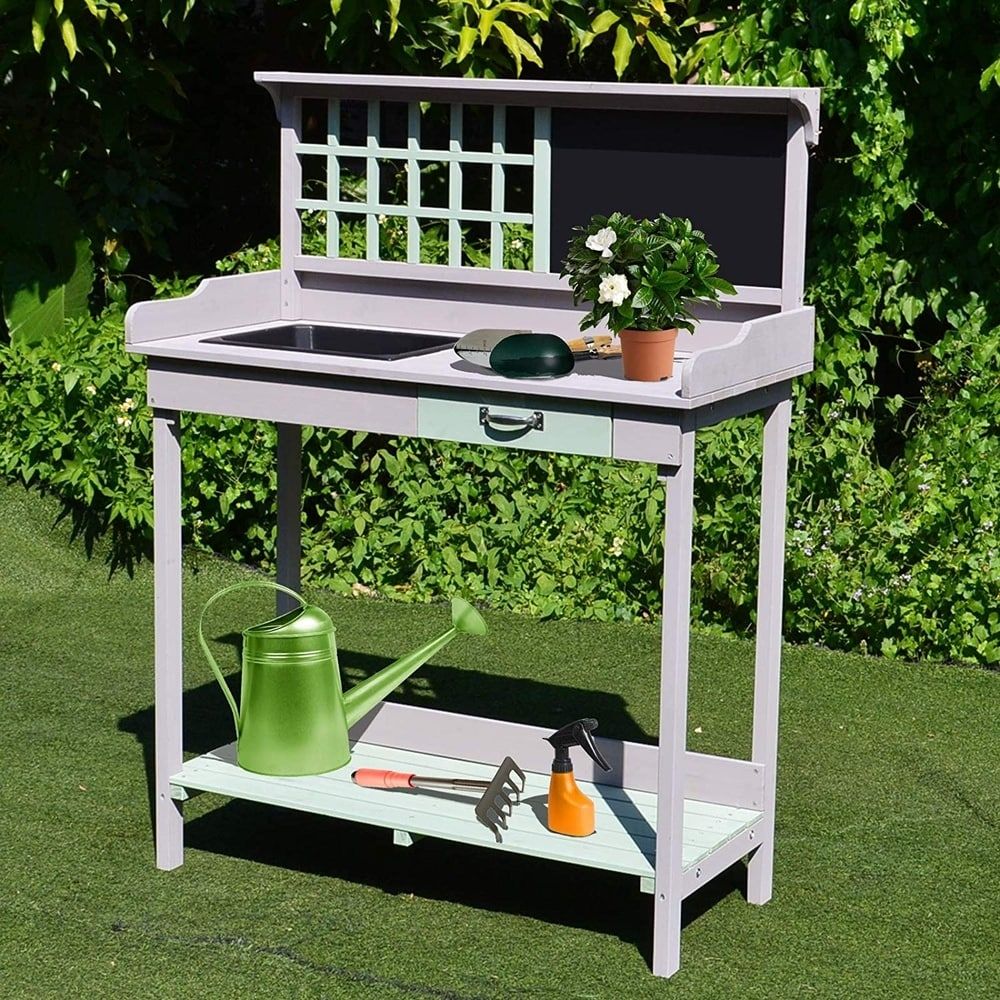 Eight24hours Painted Wooden Garden Plant Table Potting Bench Workstation with Storage 