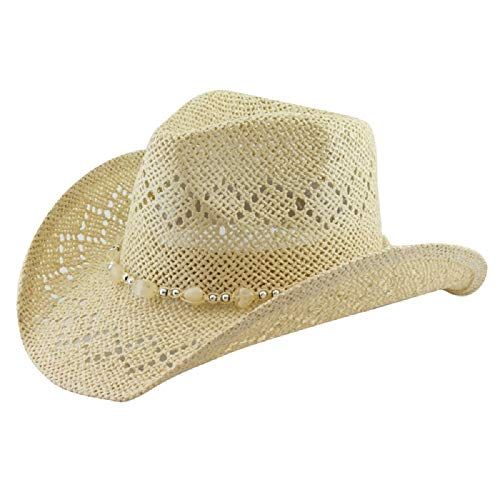 Womens Woven Straw Cowboy Hat w/Beaded Trim Band Hat Beach Holiday Sun Hats 