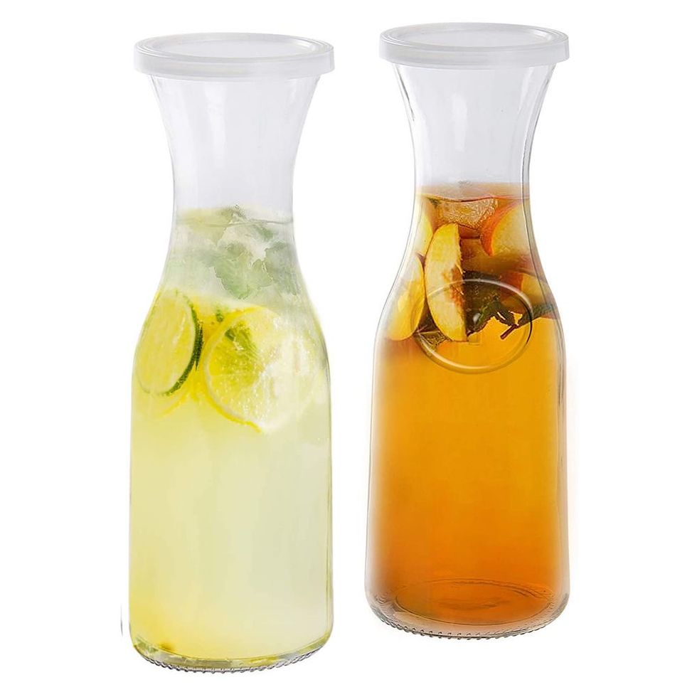 Finew 4 Pack Glass Carafe Pitchers with Wood Lids for Fridge, 1 Liter Water  Pitcher Juice Container for Mimosa Bar, Beverage, Brunch, Water, Juice