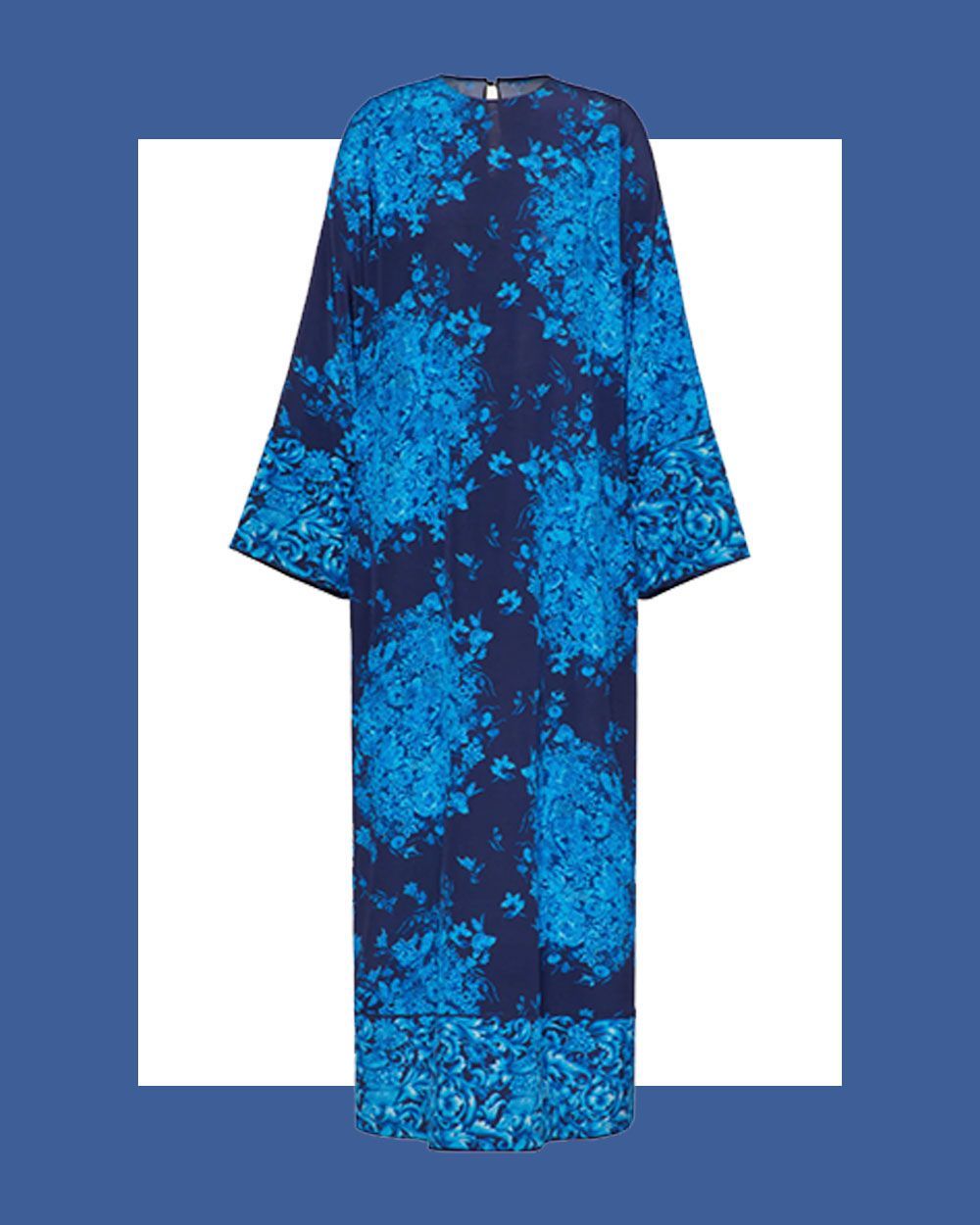 Delft Floral Print Long Sleeve Silk Caftan Maxi Dress