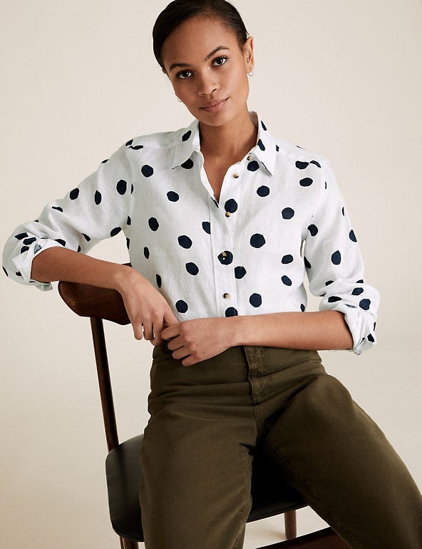 M&S Collection Pure Linen Polka Dot Long Sleeve Shirt