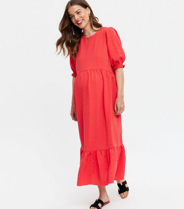 Red textured puff sleeve maxi dress