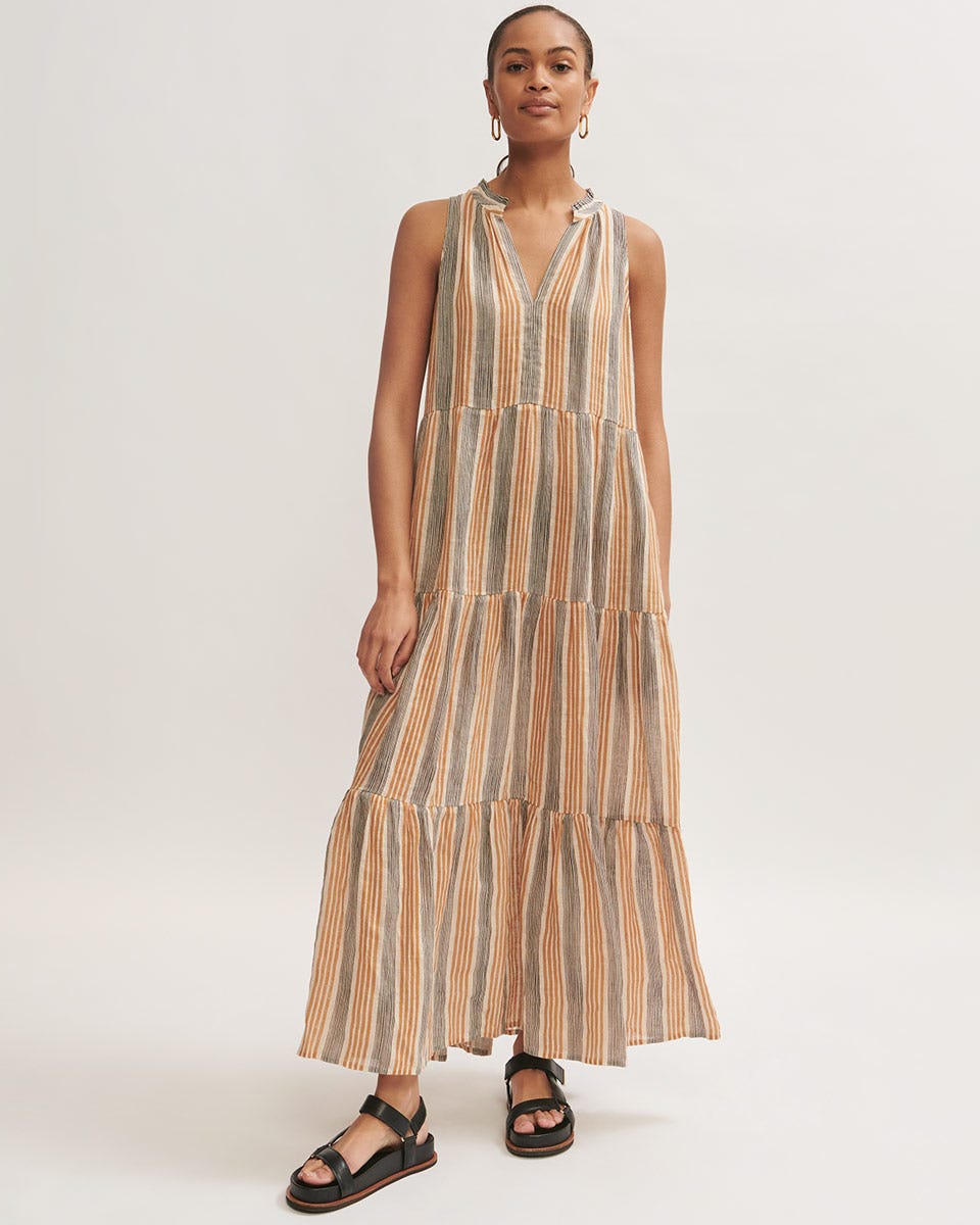 Gauze Linen Striped Maxi Dress