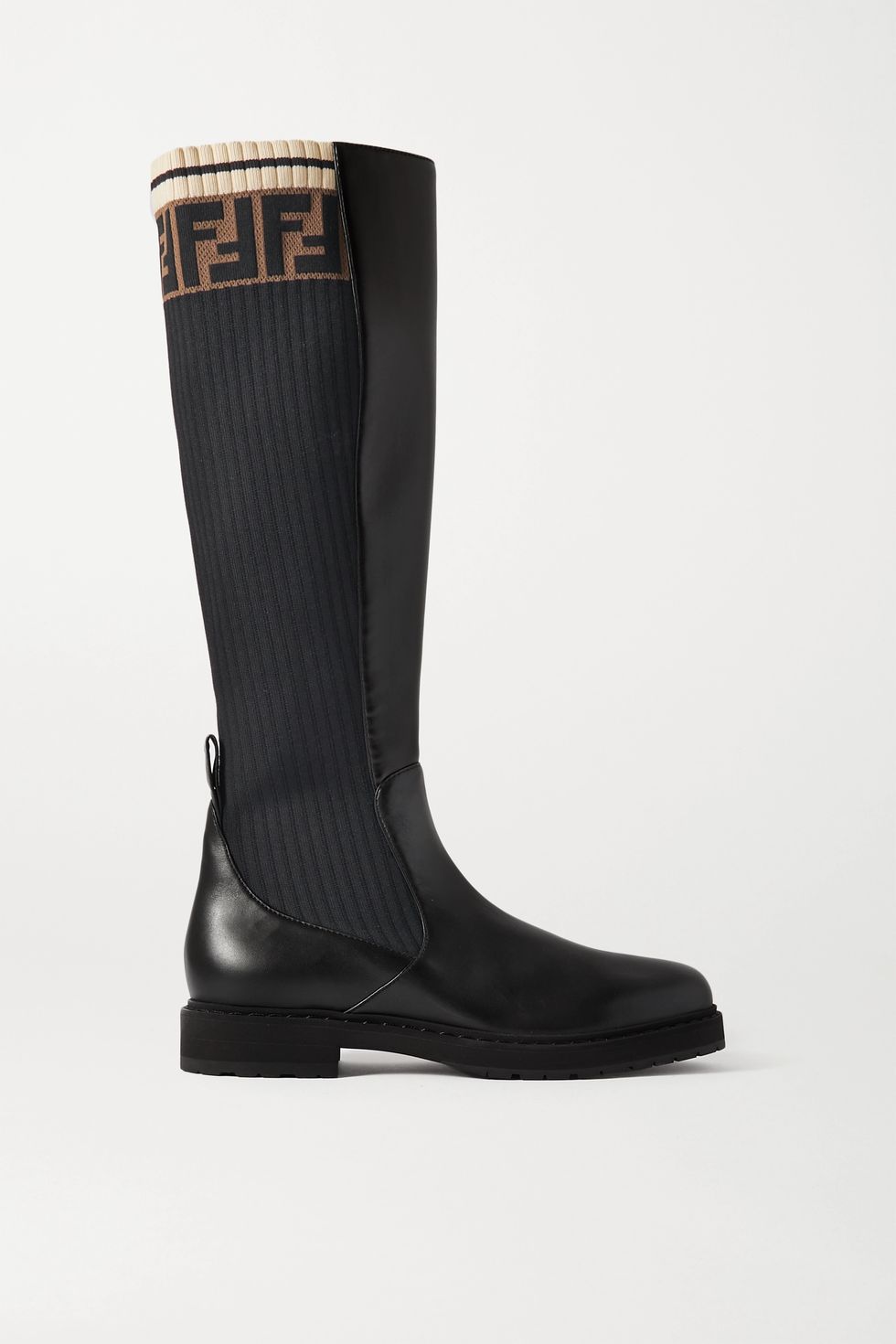 Logo-jacquard stretch-knit and leather knee boots