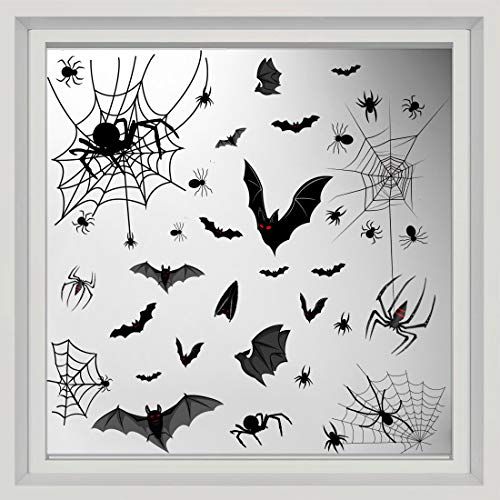6Sheets 90Pcs Halloween Window Clings Halloween Window Decoration Black Bats Spiders Webs and Castle Dead Tree Static Stickers Halloween Window Decals for Windows Glass Walls Decorations