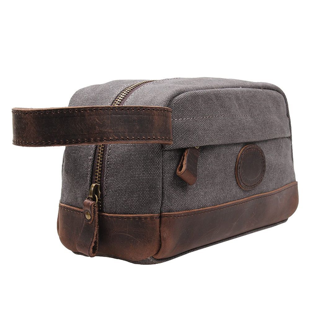 Vintage Leather Canvas Travel Toiletry Bag 