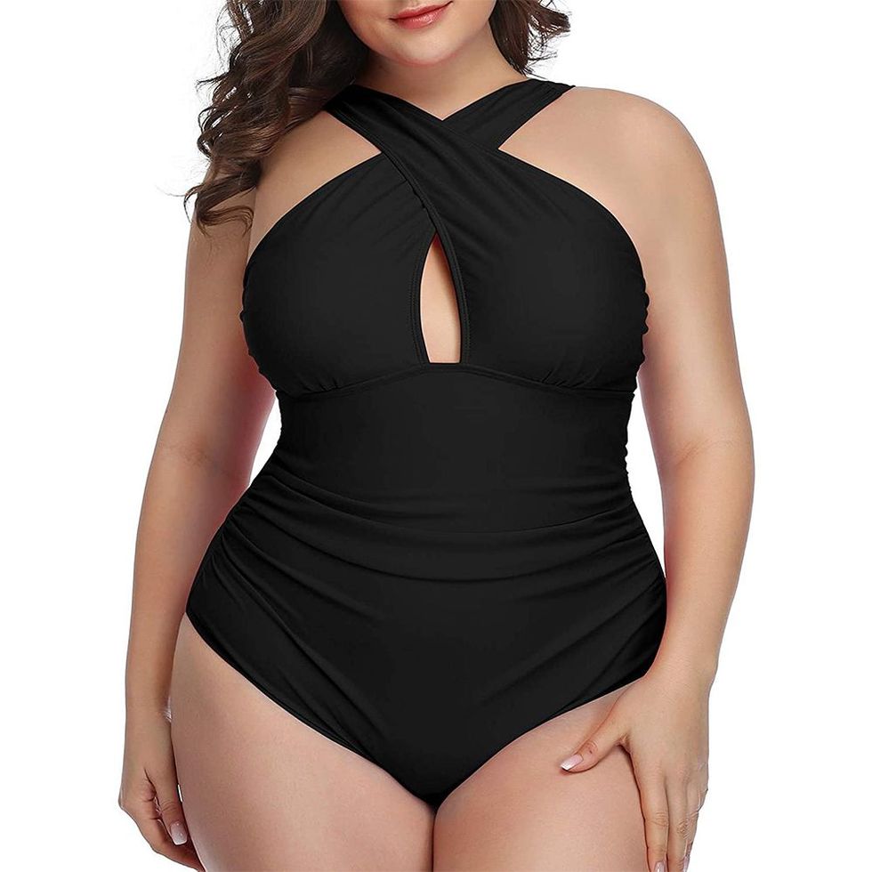  Daci Women Striped and Black Plus Size Swimdress Two