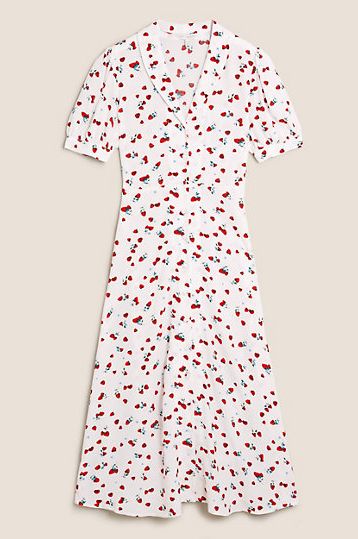 M&S x Ghost Strawberry Print Puff Sleeve Midi Tea Dress