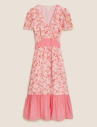 Floral V-Neck Tie Sleeve Midi Dress, M&S X GHOST