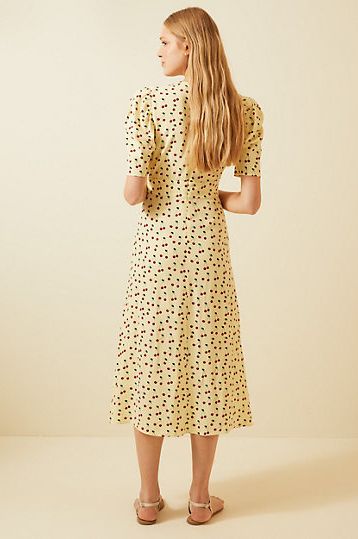 Cherry Print Button Detail Midi Tea Dress