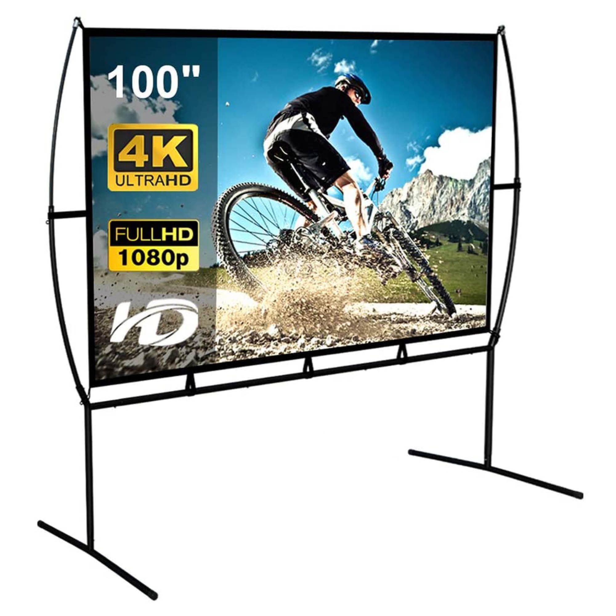 Black PYLE Projector Screen with Stand 100 16:9 HD 4K Portable Lightweight Freestanding Foldable Indoor Outdoor Movie Projection Display with Frame for Home Theater