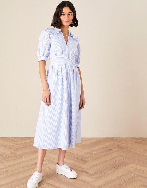 Frill Collar Stripe Poplin Dress Blue, Monsoon, £75