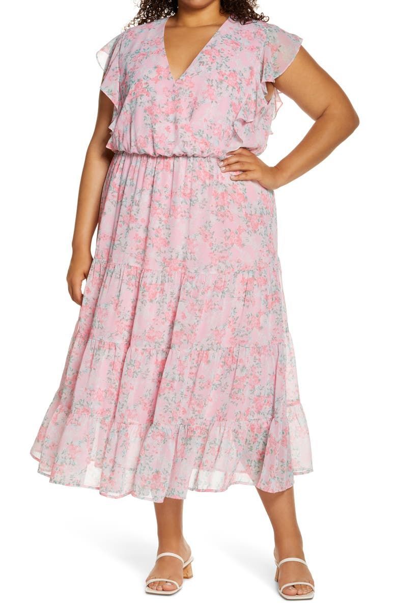 ORT Women Summer Plus Size Dress Floral Print Long Dress Wrap V Neck Short Sleeve Gowns Empire Waist Casual Maxi Dress 