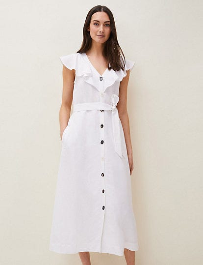 Linen V-Neck Belted Midaxi Shirt Dress