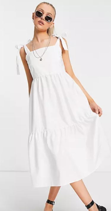 Stradivarius tiered poplin midi dress with bunny ties in white
