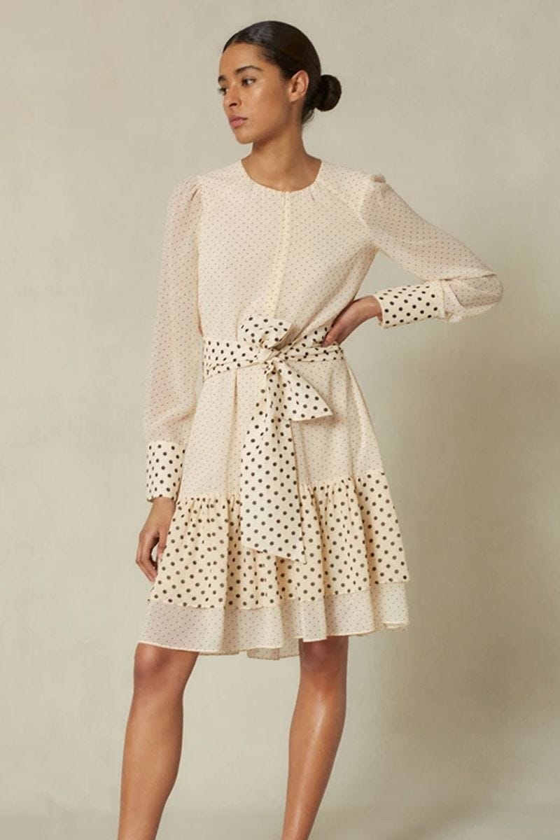 Polka Dot Print Pussybow Dress + Tie