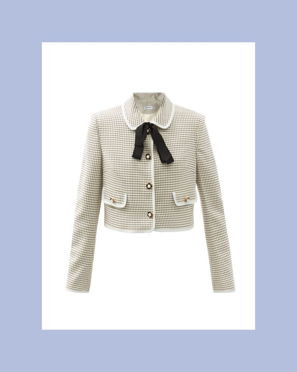 Faux-Pearl Button Checked Twill Jacket
