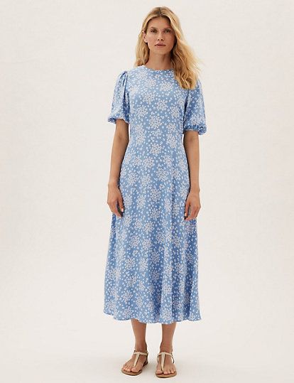 floral puff sleeve midaxi tea dress