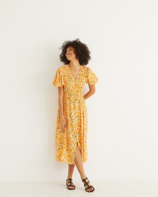 Vintage Daisy Floral Print Orange Midi Dress