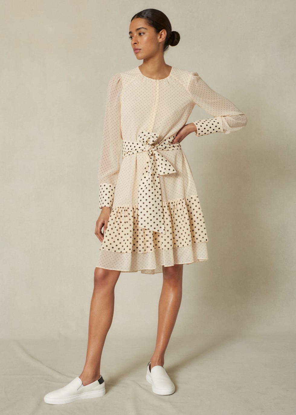 Polka Dot Print Pussybow Dress + Tie
