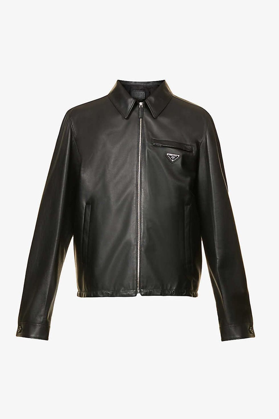 Brand-Plaque Drawstring-Hem Leather Jacket