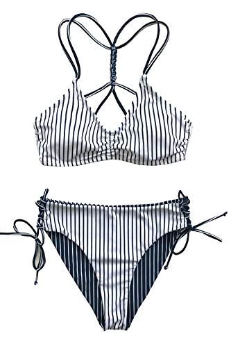 Striped Strappy Lace Up Bikini Set