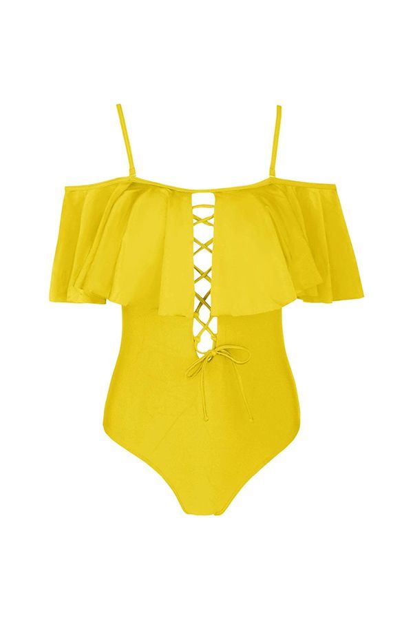 Ruffled Off-Shoulder Lace-Up Swimsuit 