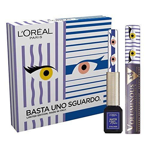 L'Oréal Paris Cofanetto Occhi con Mascara Volumizzante e Allungante (nero) + Eyeliner Resistente all'Acqua, (Blu) in edizione limitata