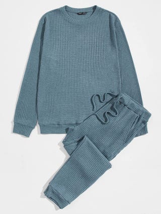 Men Waffle Knit Pullover Set