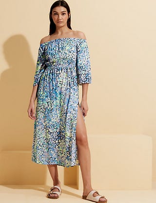 Printed Bardot Midi Beach Dress