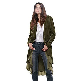 Ruffled Asymmetric Long Velvet Blazer