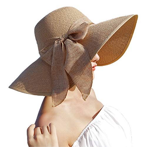 Lanzom Women Packable Hat Sun Visor Hats Wide Brim Straw Roll Up Ponytail Summer Beach Hat UPF 50 
