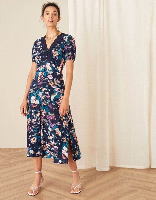 Oriental Print Lace Trim Dress Blue