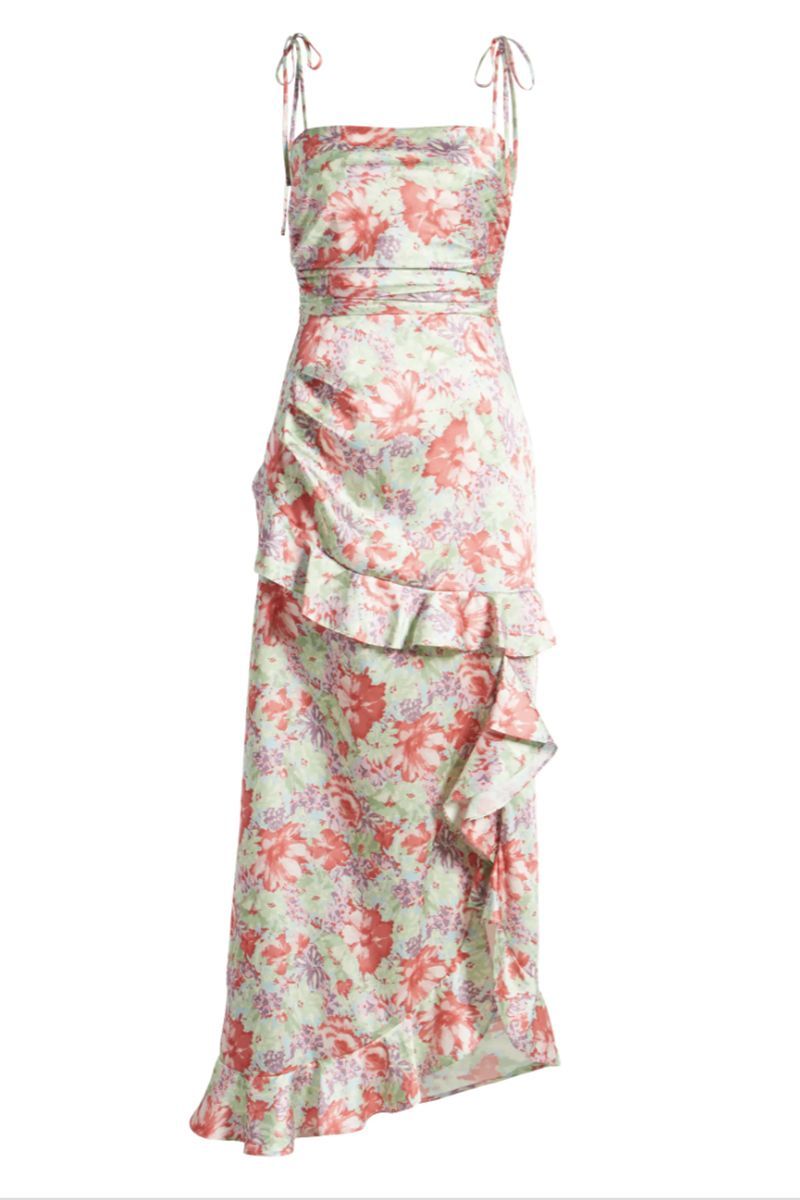 Floral Tie Strap Satin Maxi Dress
