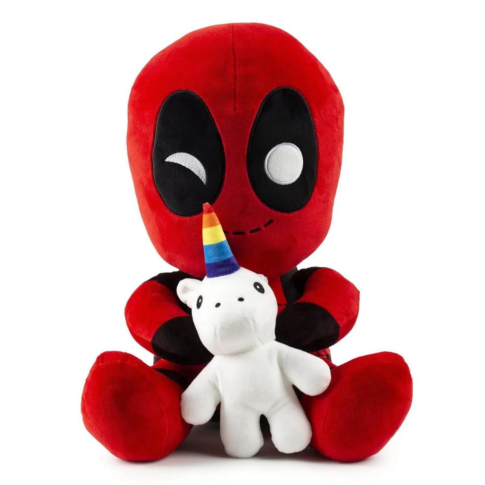 Deadpool with unicorn plush toy