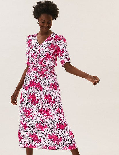 Floral Frill Detail Midi Waisted Dress