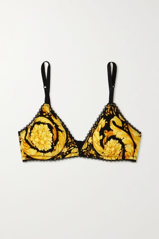 Lace-trimmed printed stretch-cotton soft-cup triangle bra