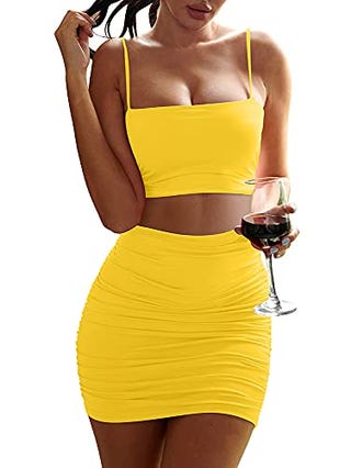 Women's Ruched Cami Crop Top Bodycon Skirt 2 Piece Outfit