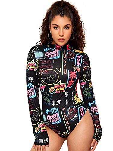 Women's Letter Graphic Print Mock Neck Long Sleeve Bodysuit