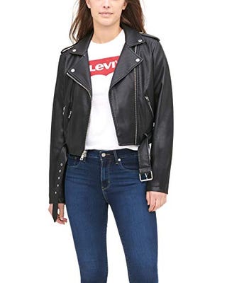 Women's Faux Leather Belted Motorcycle Jacket