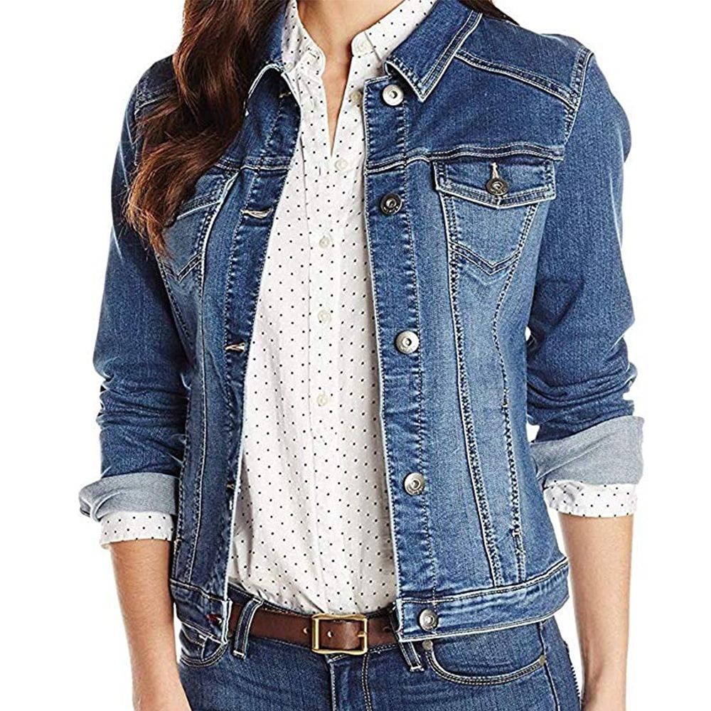 Womens Denim Jacket Ladies Buttons Stretch Jeans Outwear Fitted Coats Crop Tops 
