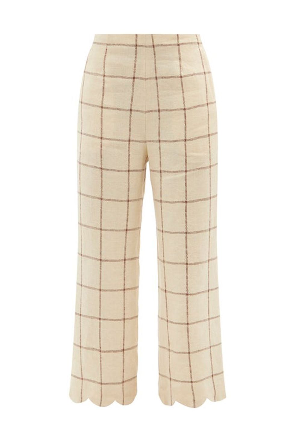 Neutral Check Scalloped-Hem Linen-Blend Tweed Trousers