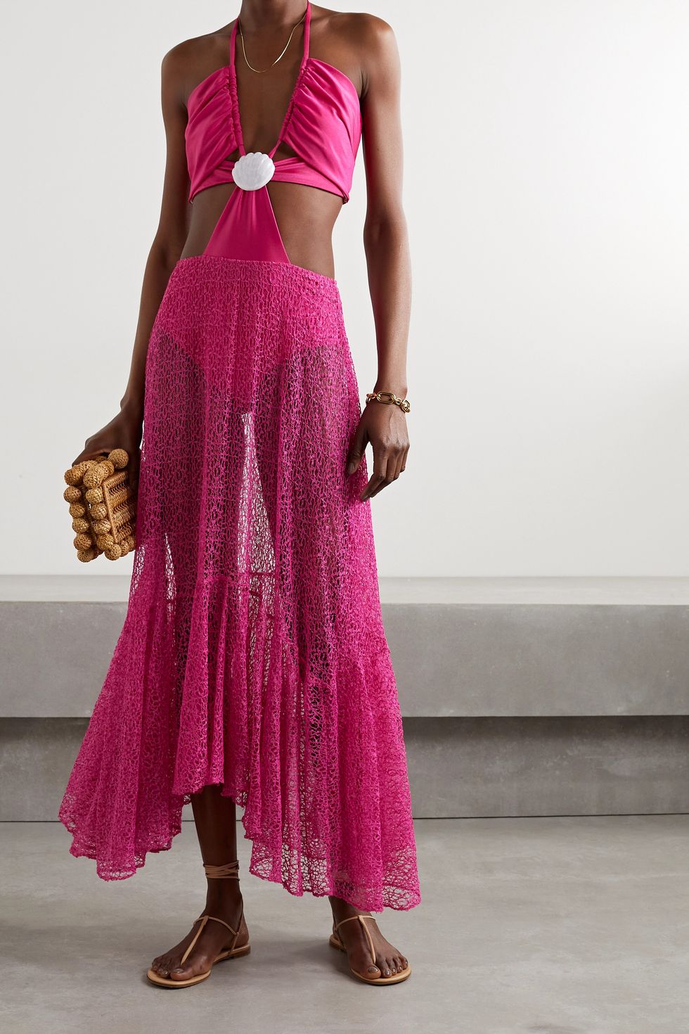 Cutout embellished swimsuit and crocheted maxi skirt