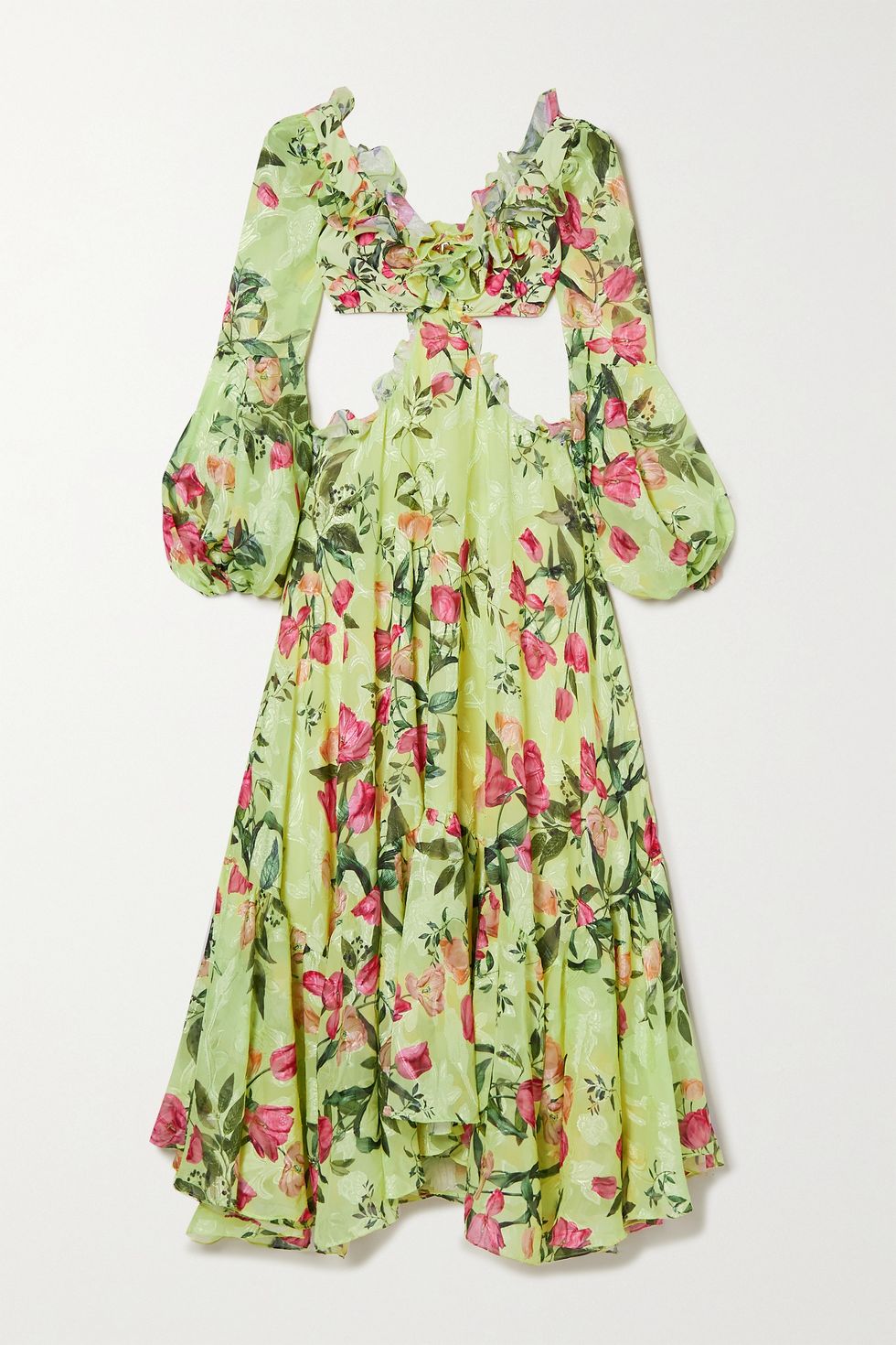 Cutout ruffled floral-print jacquard maxi dress