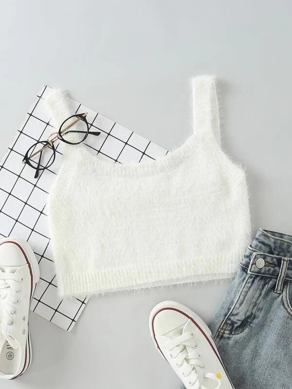Fuzzy Solid Crop Knit Top