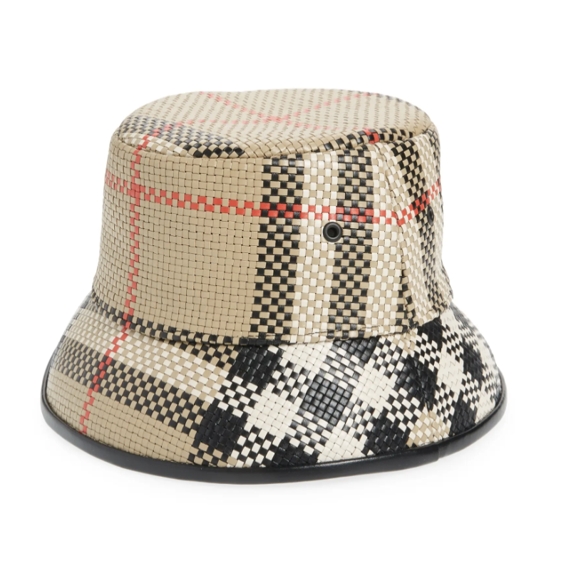Check Woven Leather Bucket Hat